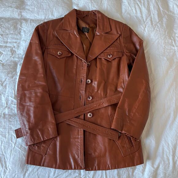 Vintage Genuine Leather Cognac button front Blazer Jacket double breasted - Picture 8 of 16